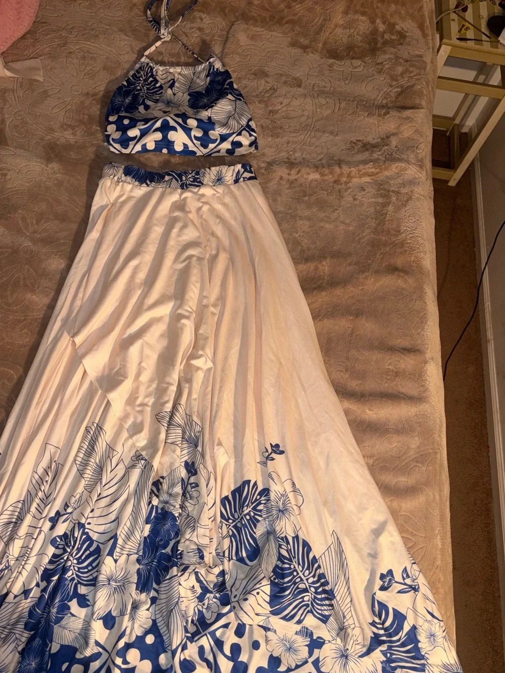 Blue and White Floral Halter Top & Maxi Skirt Set